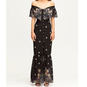 ALICE MCCALL Honeycomb Daisy Black Silk Floral Embroidered Maxi Dress US 2